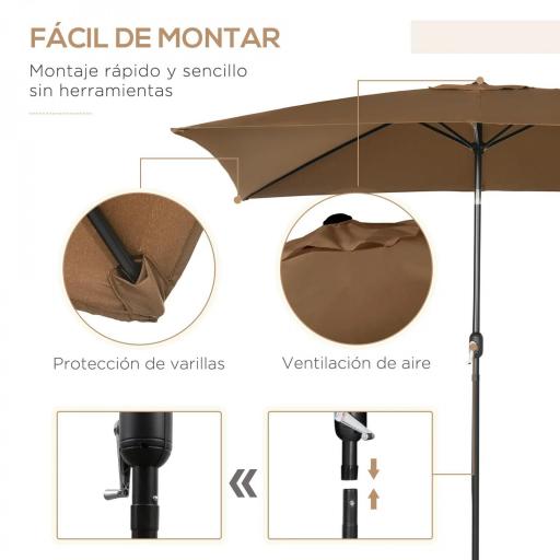 Sombrilla de Aluminio 198x294x255 Parasol Rectangular de Jardín Inclinable con Manivela y Poste Desmontable Café [2]