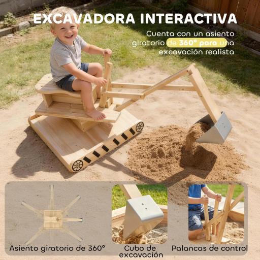 Arenero para Niños de Madera con Excavadora Arenero Infantil con Asiento Giratorio 360° y Forro 184x90x56 cm Natural [7]