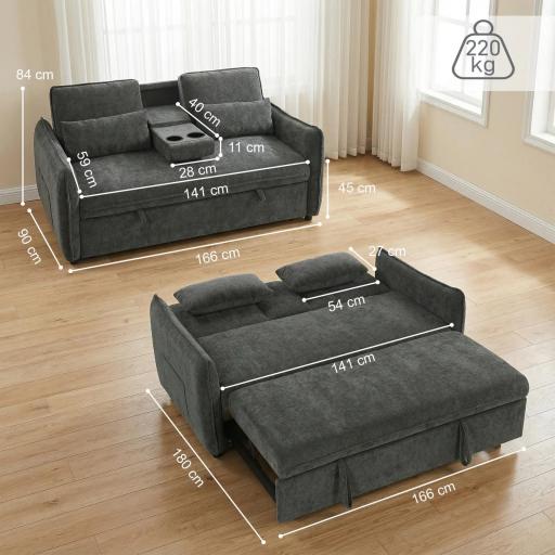 Sofá Cama 2 Plazas 3 en 1 con Mesa Auxiliar Portavasos Respaldo Ajustable Bolsillos Laterales 2 Almohadas Gris Oscuro [1]