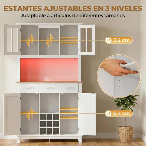Alacena de Cocina con Iluminación LED Control por APP Encimera para Microondas Botellero Puertas de Vidrio Blanco [5]