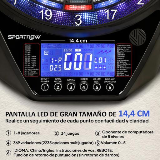 Diana Electrónica con 6 Dardos y 24 Puntas Blandas Pantalla LED 34 Juegos y 2235 Programas 60,5x45,5x3,6 cm Multicolor [5]