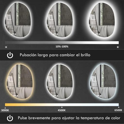 Espejo de Baño con Luz LED 80x60 cm 3 Colores de Luz Brillo Regulable Función Antivaho Función de Memoria IP44 [2]