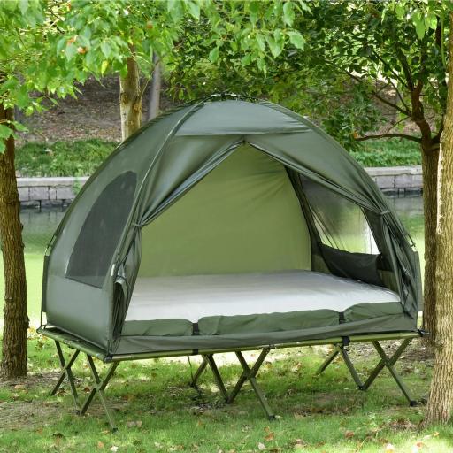 Cama Doble de Camping Plegable con Tienda de Campaña 4 en 1 Cama de Campamento Elevada con Colchón Hinchable y Bolsa de Transporte Tela Oxford Acero 193x145x180 cm Verde