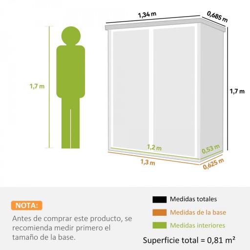 Cobertizo de Jardín Exterior de Plástico 0,81 m² 134x68,5x170 cm con Suelo 2 Estantes Plegables Puertas con Pestillo [1]