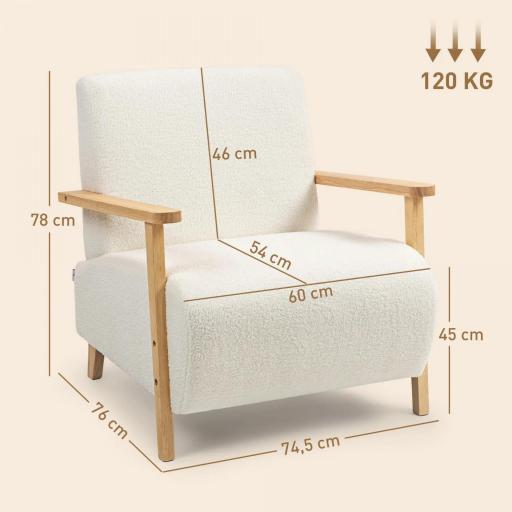 Sillón Nórdico de Borreguito Acolchado Grueso y Patas de Madera Asiento Amplio para Salón Dormitorio 74,5x76x78 cm Crema [1]