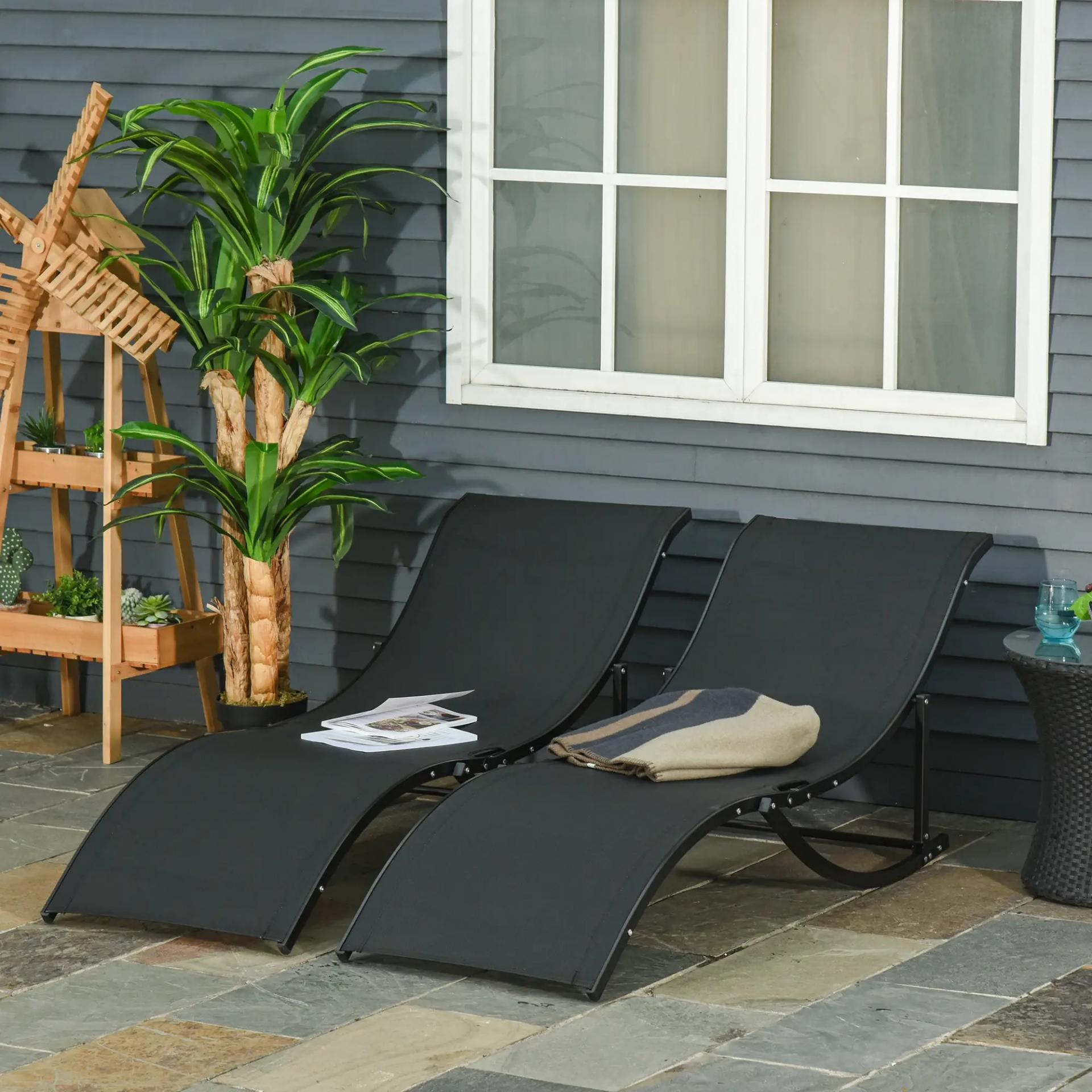 2 Tumbonas Plegables de Aluminio en Forma de S Ergonómica con Tela Texteline para Piscina Patio Jardín Terraza 165x61x63 cm Negro