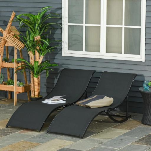  2 Tumbonas Plegables de Aluminio en Forma de S Ergonómica con Tela Texteline para Piscina Patio Jardín Terraza 165x61x63 cm Negro