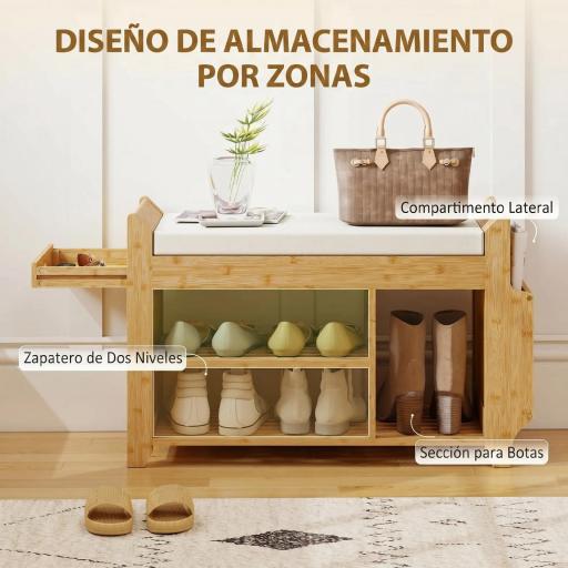 Banco Zapatero con Asiento Acolchado Almacenamiento Lateral Estante para Botas Marco de Bambú 80x30x50 cm Natural [4]