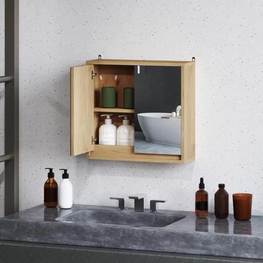 Armario de Baño con Espejo con 2 Puertas y Balda Ajustable Mueble Colgante de Estilo Moderno 48x14,5x45cm Natural [7]