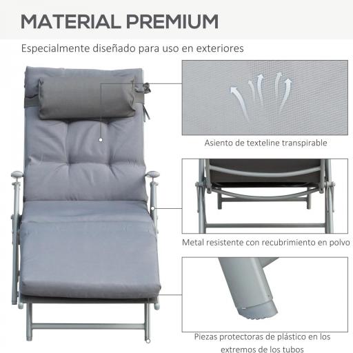 Tumbona Plegable de Jardín con Respaldo Ajustable en 7 Posiciones Cojín Cuerpo Entero y Cabeza 137x63,5x100,5 cm Gris [3]