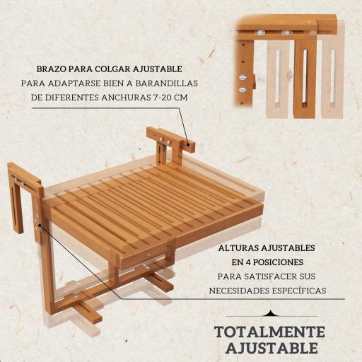 Mesa Colgante para Balcón Plegable de Madera con Altura Ajustable en 4 Niveles Carga 20 kg 68x65x40,5-55 cm Natural [5]