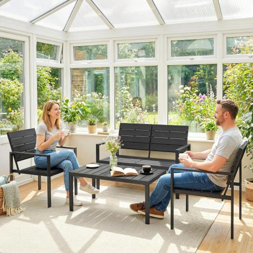 Conjunto de Muebles de Jardín para 4 Personas con Sofá de 2 Plazas 2 Sillones Mesa de Centro Negro [6]
