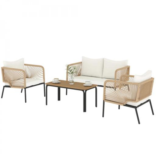 Conjunto Jardín Exterior de 4 Piezas con Sofá 2 Sillones y Mesa WPC Ratán PE Tipo Cuerda Cojines Acolchados Blanco [10]