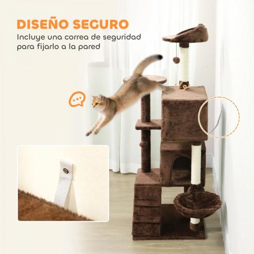 Árbol Rascador para Gatos 140 cm con Plataformas Cama 2 Cuevas Hamaca Escalera Postes de Sisal Marrón [6]