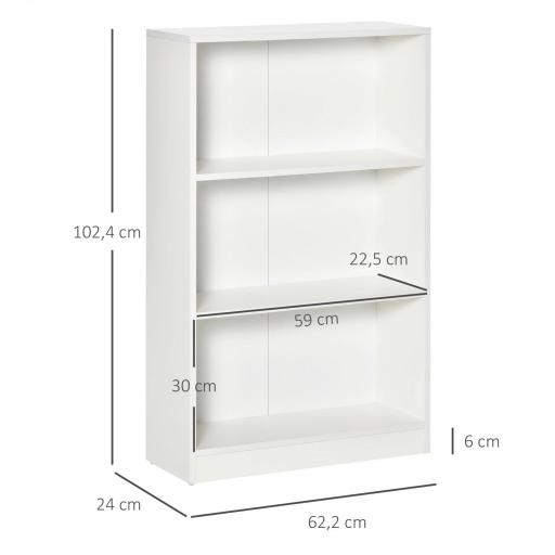 Estantería Librería con 3 Compartimentos de Almacenaje Libros CDs Plantas para Salón Estudio Dormitorio 62,2x24x102,4 cm Blanco [1]