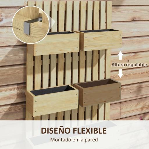 Jardinera de Pared de Madera con Enrejado y 5 Macetas Móviles para Jardín Terraza Patio 60x16x100 cm Natural [4]
