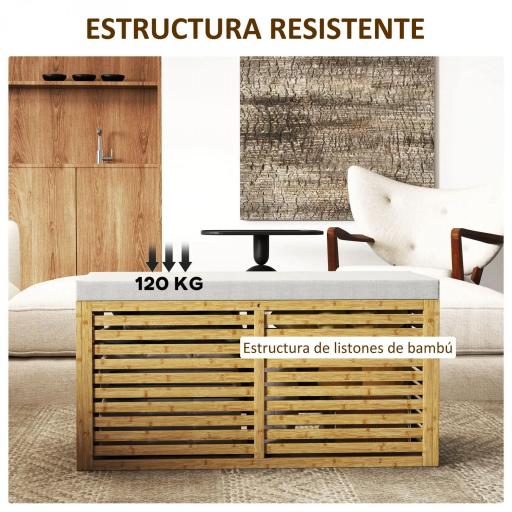 Baúl de Almacenaje 122L Tapizado en Lino Sintético con Cojín Marco de Bambú 90x42x43 cm Gris y Natural [4]