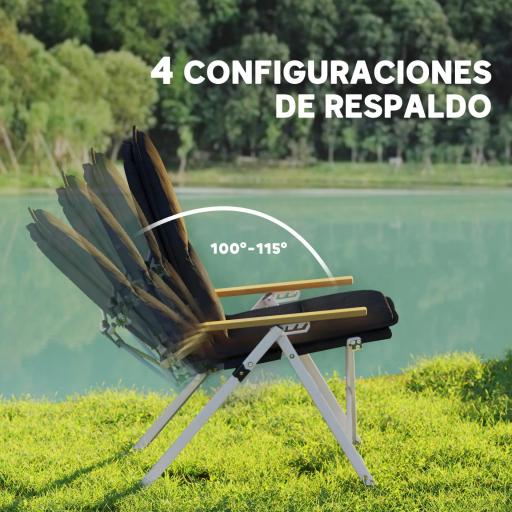 Sillas de Camping Plegables de Aluminio con Respaldo Alto Ajustable Reposabrazos de Madera 59x67x96 cm Negro [2]