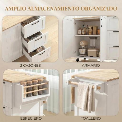 Isla de Cocina con Encimera Extensible Estación de Carga Ruedas 2 Puertas 3 Cajones Especiero y Toallero Blanco [7]