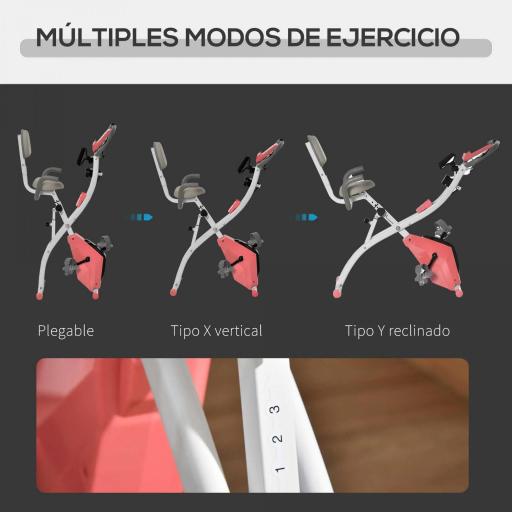 Bicicleta Estática Plegable 3 en 1 con Respaldo y 8 Niveles Resistencia Magnética, Bicicleta Estática para Casa Ajustable con Monitor LCD Volante Banda Sensor de Pulso Soporte de Teléfono Rosa [7]