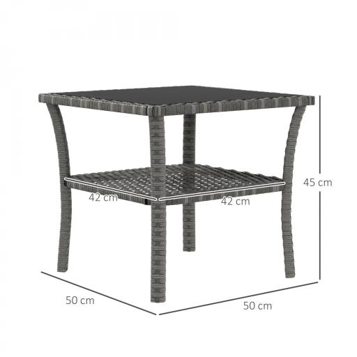 Mesa de Jardín de Ratán PE Cuadrada 50x50x45 cm con Estante Encimera de Cristal y Marco de Acero Carga 30 kg Gris [3]