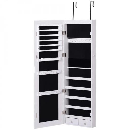 Espejo Joyero Colgante de Pared o Puerta con LED 5 Estantes 2 Cajones Pequeños Espejo Armario Montado con Cerradura 37x120x10cm [8]