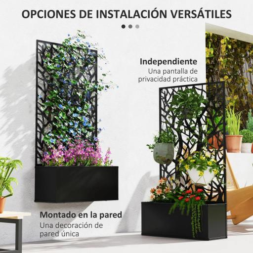 Jardinera Elevada con Panel de Privacidad de Ramas Decorativas de Metal y Opción de Montaje en Pared 61x23x113 cm Negro [3]