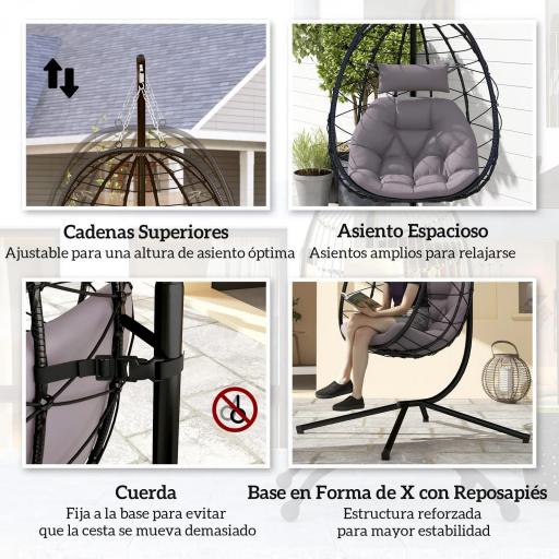 Silla Colgante Huevo con Soporte con Cesta Plegable Cojín y Reposacabezas para Interior y Exterior Carga 120 kg Gris [4]