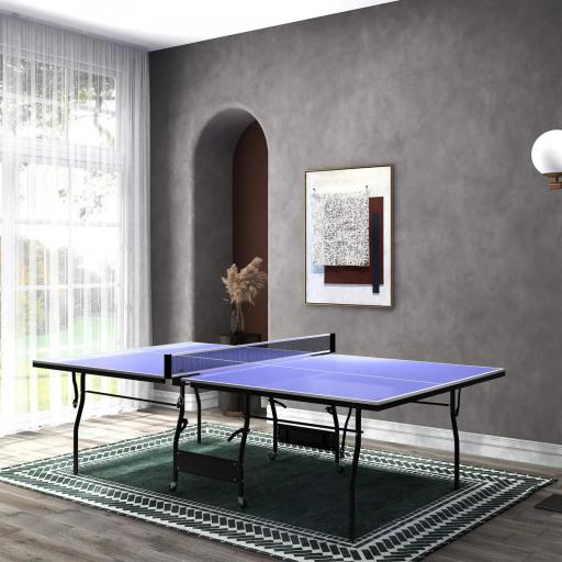 Mesa de Ping-Pong Tamaño Estándar con 4 Ruedas Red 2 Paletas y 3 Pelotas para Interior 274x152,5x76 cm Azul