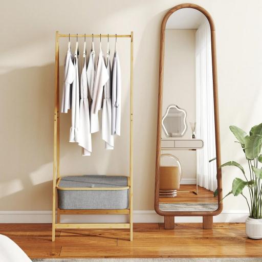 Burro para Ropa Plegable de Bambú con Cesta de Tela con Tapa para Recibidor Entrada Dormitorio 60x44,5x157,5 cm Gris [2]