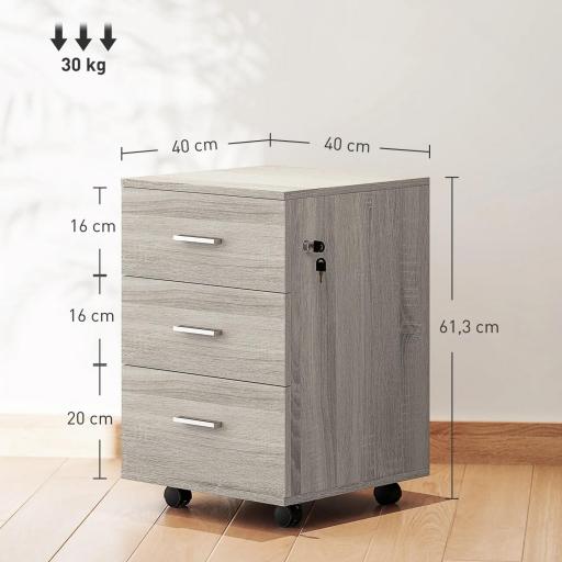 Cajonera de Escritorio con 3 Cajones Ruedas Cerradura 2 Llaves Archivador Móvil para Estudio Salón 40x40x61,5 cm Gris [1]