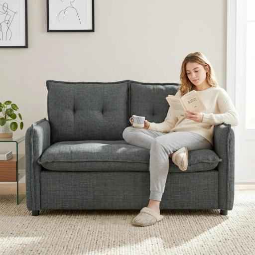 Sofá de 2 Plazas Tapizado en Lino con Acolchado Grueso, Diseño Capitoné para Espacios Pequeños 131x75x85 cm Gris Oscuro [4]