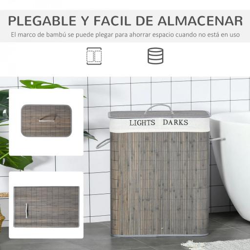 Cesto para Ropa Sucia de Bambú Capacidad de 100L con Tapa Extraíble Bolsa de 2 Compartimentos 52x32x63 cm Gris [6]