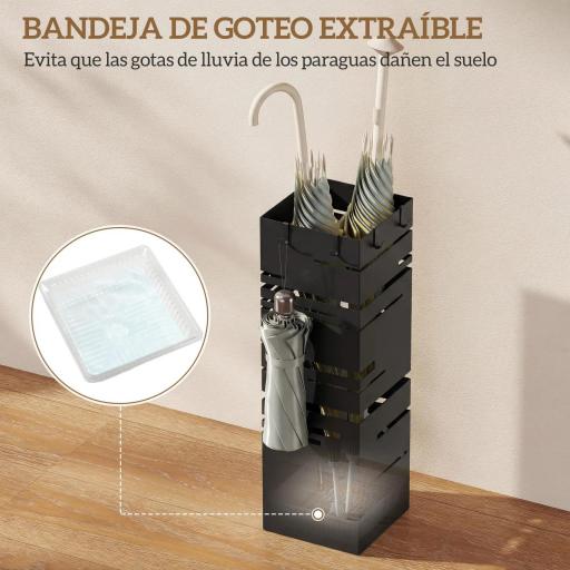 Paragüero Metálico con Bandeja de Goteo y 4 Ganchos, 15,5x15,5x49 cm, Negro [4]