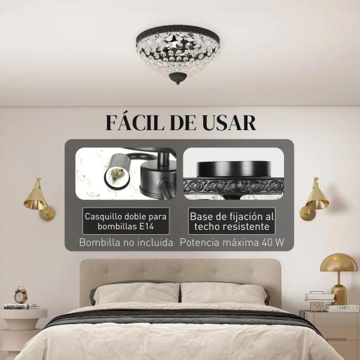 Lámpara de Techo de Cristal Vintage con 2 Casquillos E14 40W con 168 Cuentas de Cristal para Dormitorio Salón Negro [6]