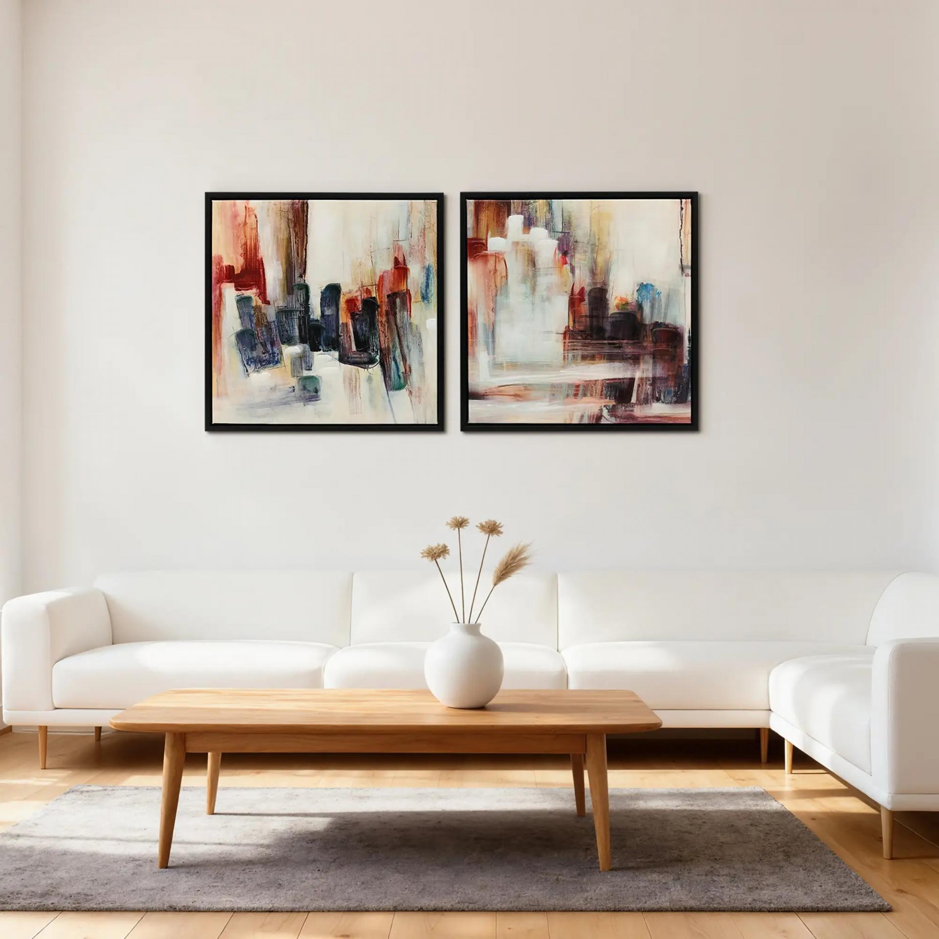 Cuadros en Lienzo Abstractos a Mano 40x40 cm 2 Piezas Cuadros de Arte de Pared Enmarcados Textura Rica Multicolor