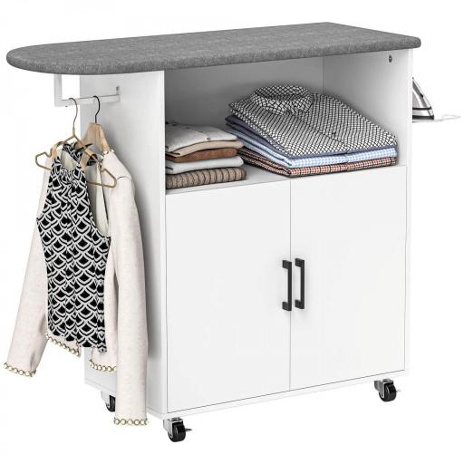 Mueble de Planchar con Ruedas Barra para Colgar Ropa Estante Abierto y Tabla de Planchar 125x43,5x102,5 cm Blanco [5]
