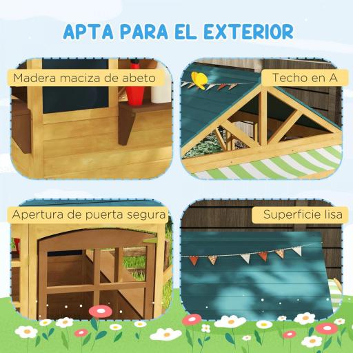 Casita de Juegos Infantil de Madera con Ventanas Pizarras Tejado y Toldo 173x117x144 cm Madera Natural [1]