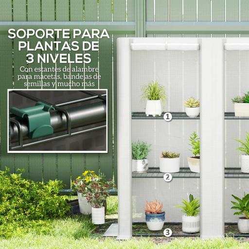 Invernadero de Exterior con Techo Inclinado 3 Estantes 2 Puertas Enrollables y Marco de Acero 144x48x152 cm Blanco [3]