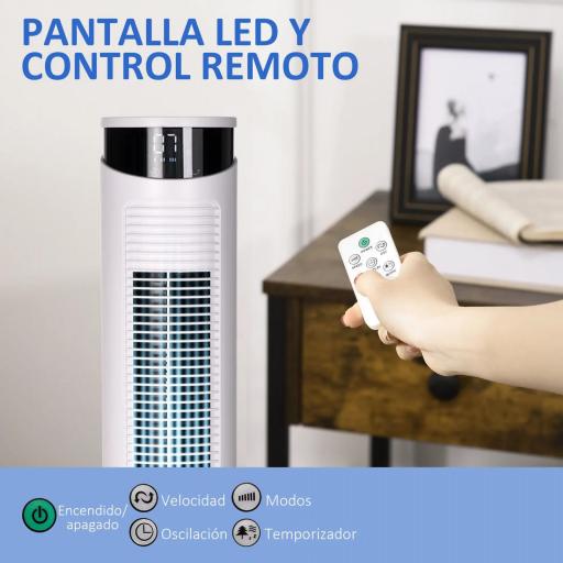 Ventilador de Torre Oscilante 45W con Control Remoto Temporizador de 12 h 3 Velocidades Pantalla LED Ø31,5x93 cm Blanco [6]