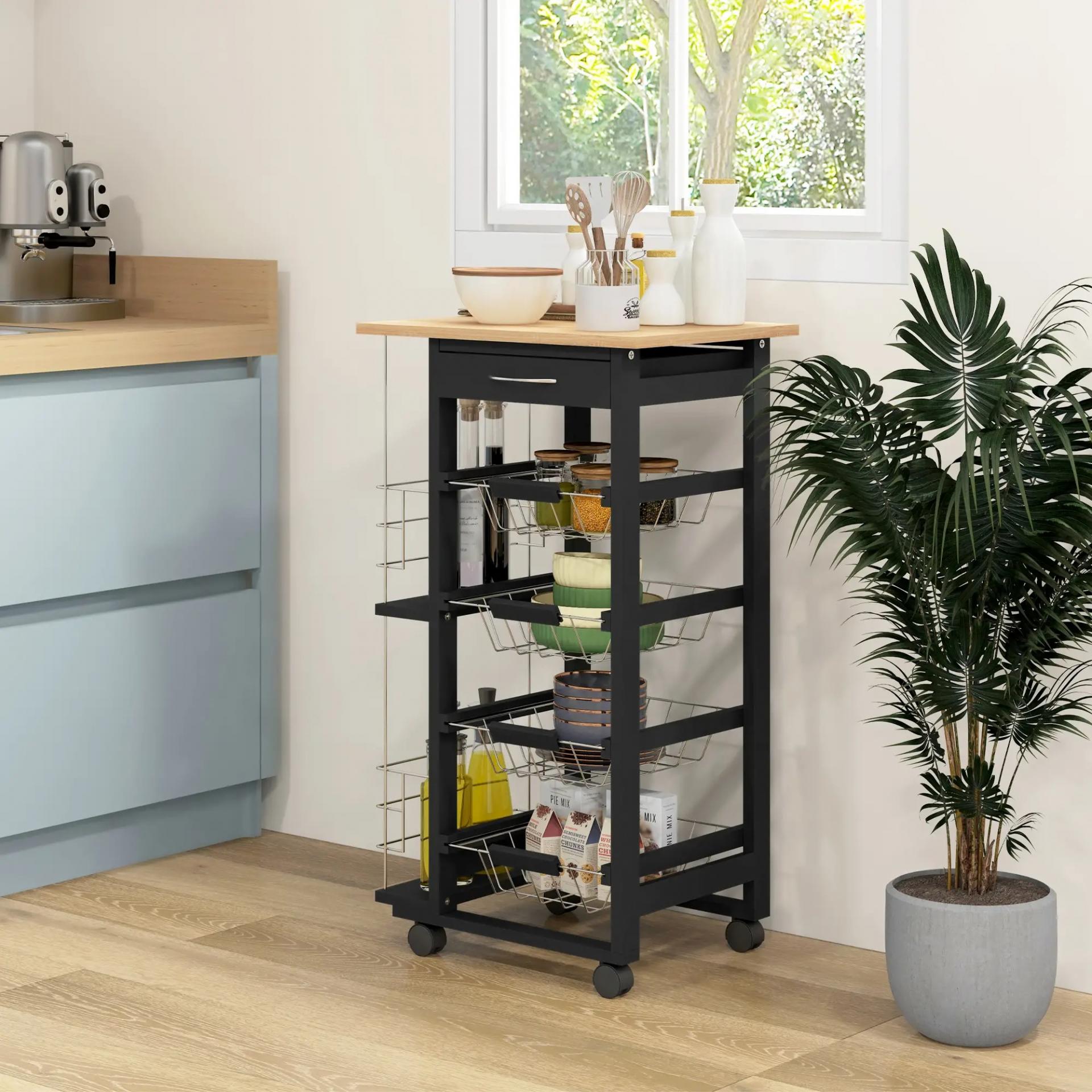 Carrito de Cocina con Ruedas Carrito Multiusos con Cajón 4 Cestas Extraíbles de Metal y Bastidores 47x37x83 cm Negro