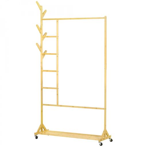 Perchero de Pie de Madera de Bambú con Ruedas Colgador Multifuncional con 6 Ganchos Barra y Estante 100x37x191 cm Natural [9]
