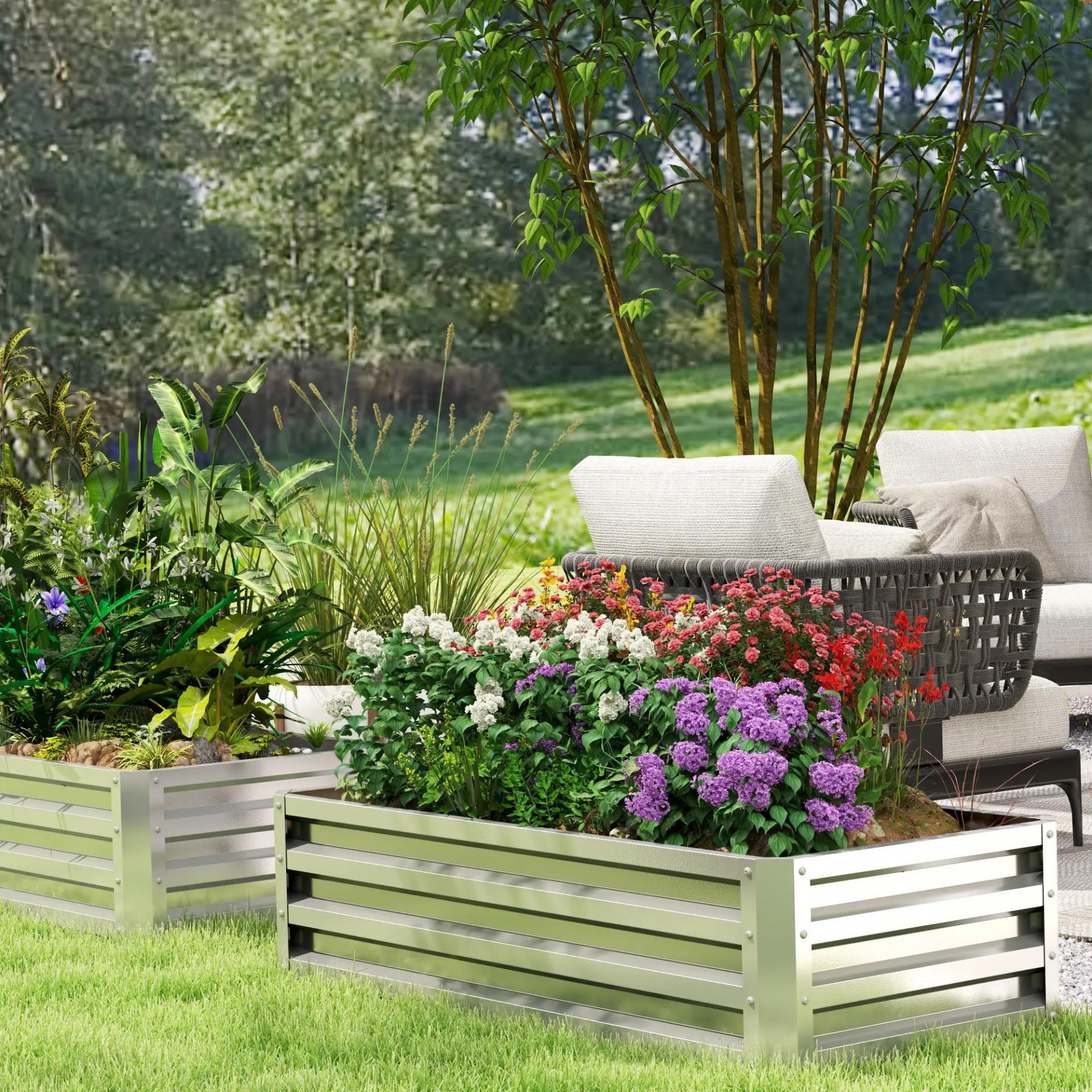 Jardinera Elevada Rectangular de Acero Galvanizado para Cultivar Plantas Flores Hierba 120x60x30,5 cm Plata
