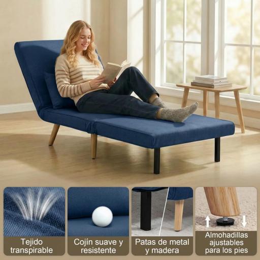 Sofá Cama Individual Plegable con Respaldo Ajustable 5 Posiciones Sillón Cama Tapizado con Cojín 72x75x85 cm Azul [6]