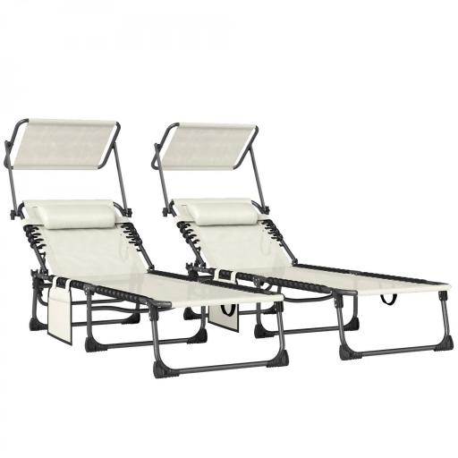 Set de 2 Tumbonas Plegables con Reposacabezas Parasol Bolsillo Lateral y Respaldo Reclinable en 5 Posiciones Crema [9]