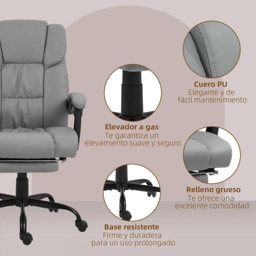 Silla de Oficina con Masaje de 6 Puntos Respaldo Alto Reclinable Altura Ajustable Reposapiés y Mando a Distancia Gris [5]