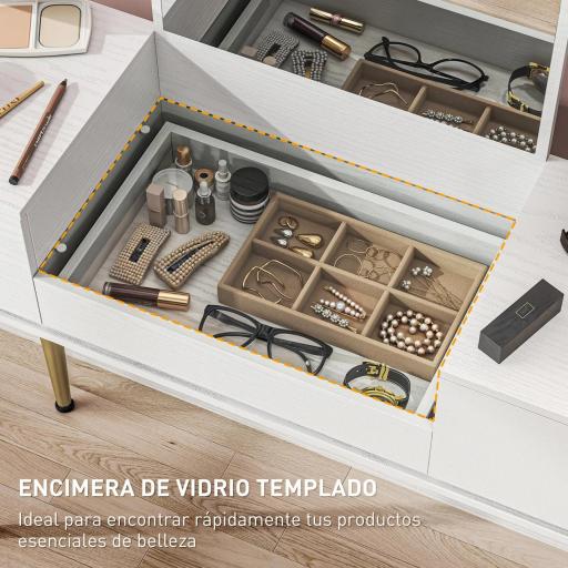 Tocador Elegante con Espejo Cuadrado y Cajones Organizadores 105,5x30x130,5 cm Blanco y Dorado [3]