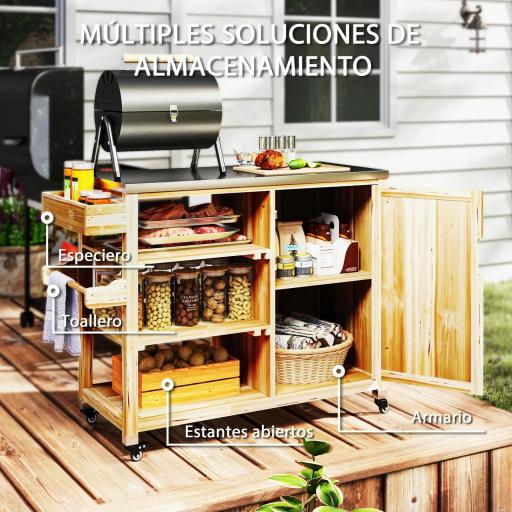 Carrito de Parrilla de Madera con 4 Ruedas Estantes Armario y Encimera de Acero Inoxidable 134,5x50x91,5 cm Natural [2]