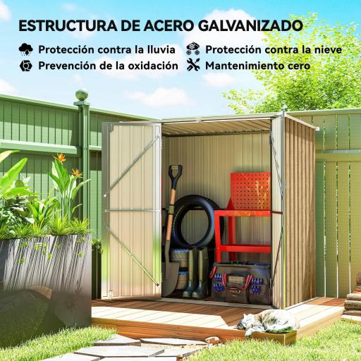 Cobertizo de Jardín Exterior Metálico 1,37 m² 163x89x163 cm con Techo Inclinado, Puertas con Pestillo y Guantes Marrón [2]