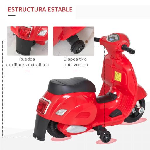 Moto Eléctrica Vespa para Niños de 18-36 Meses Moto de Batería 6V con Faro Bocina y 4 Ruedas Motocicleta Infantil con Licencia 66,5x38x52 cm Rojo [3]